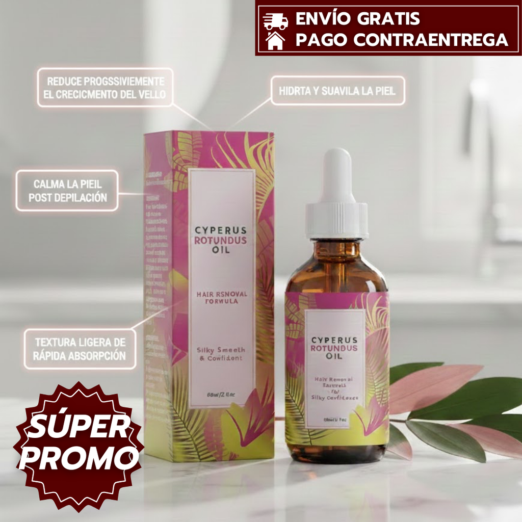 Aceite Cyperus™️: Aceite corporal con Cyperus Rotundus que hidrata la piel y ayuda a reducir progresivamente el crecimiento del vello.